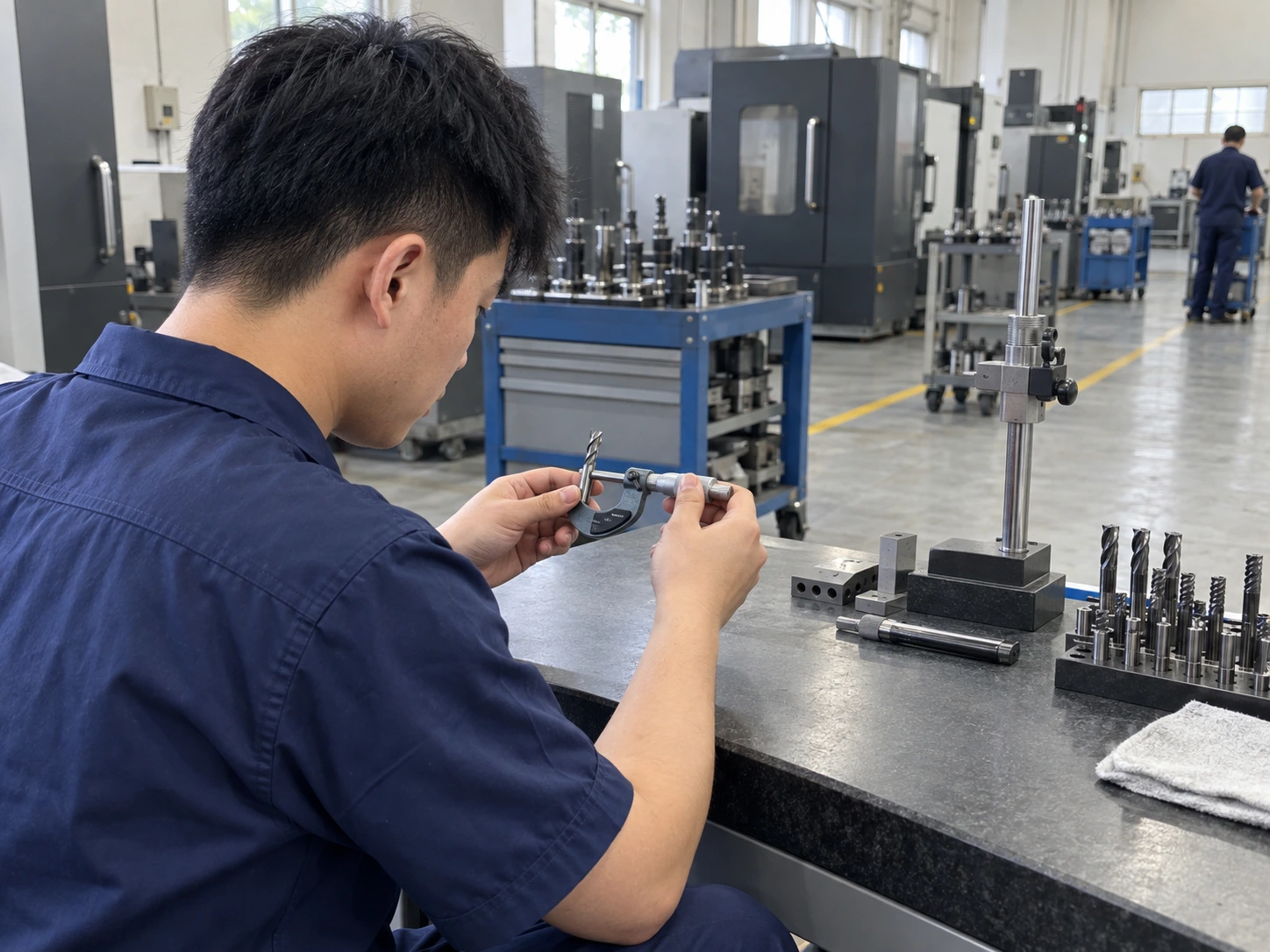 An operator checking a tool with a measuring instrument