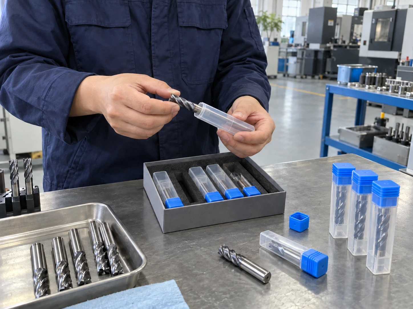 A hand holding a cutter and clear protective tube, with the blue cap set on the workbench